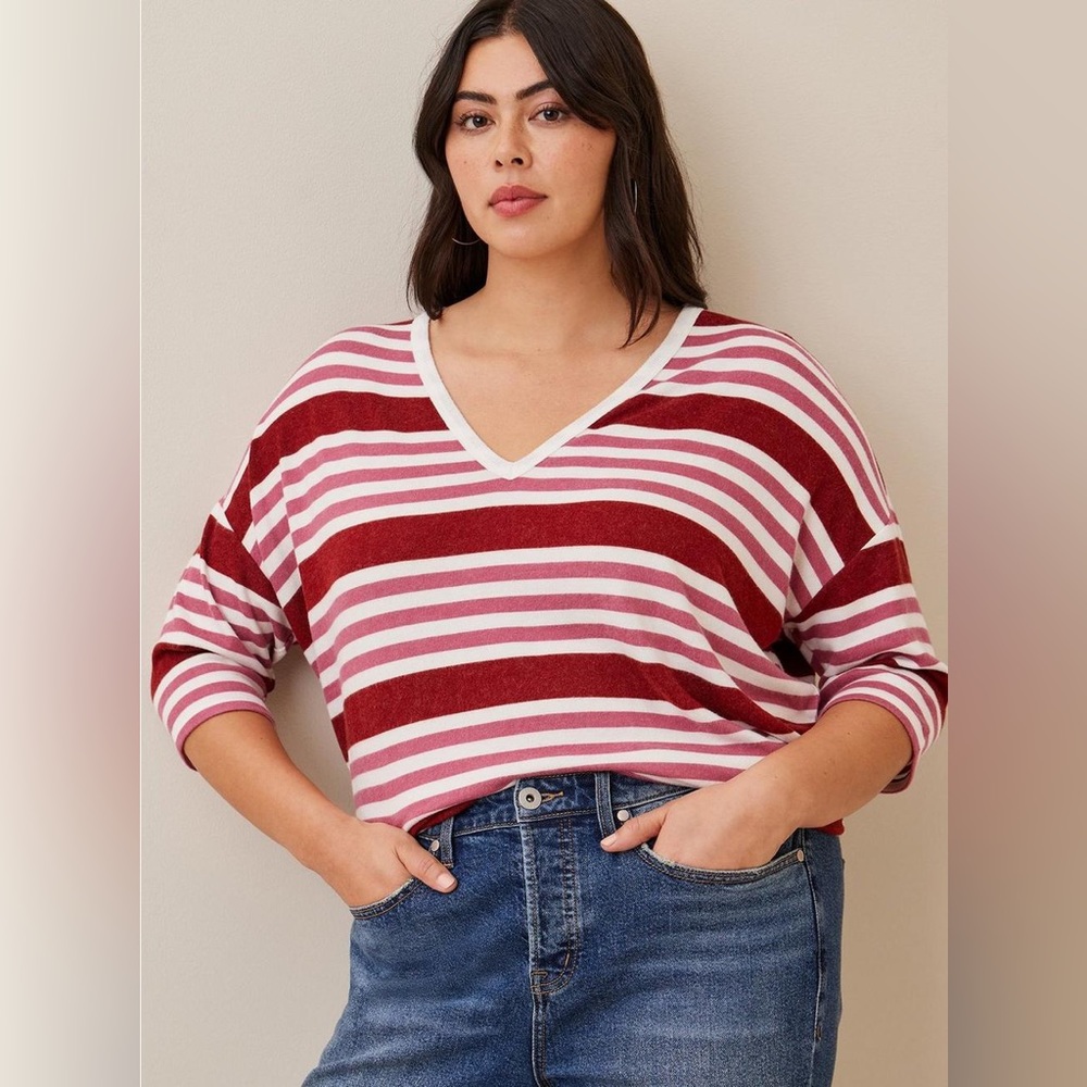 NEW Torrid Relaxed Fit Super Soft Plush V-neck Drop Shoulder Top Pink Stripe 1X